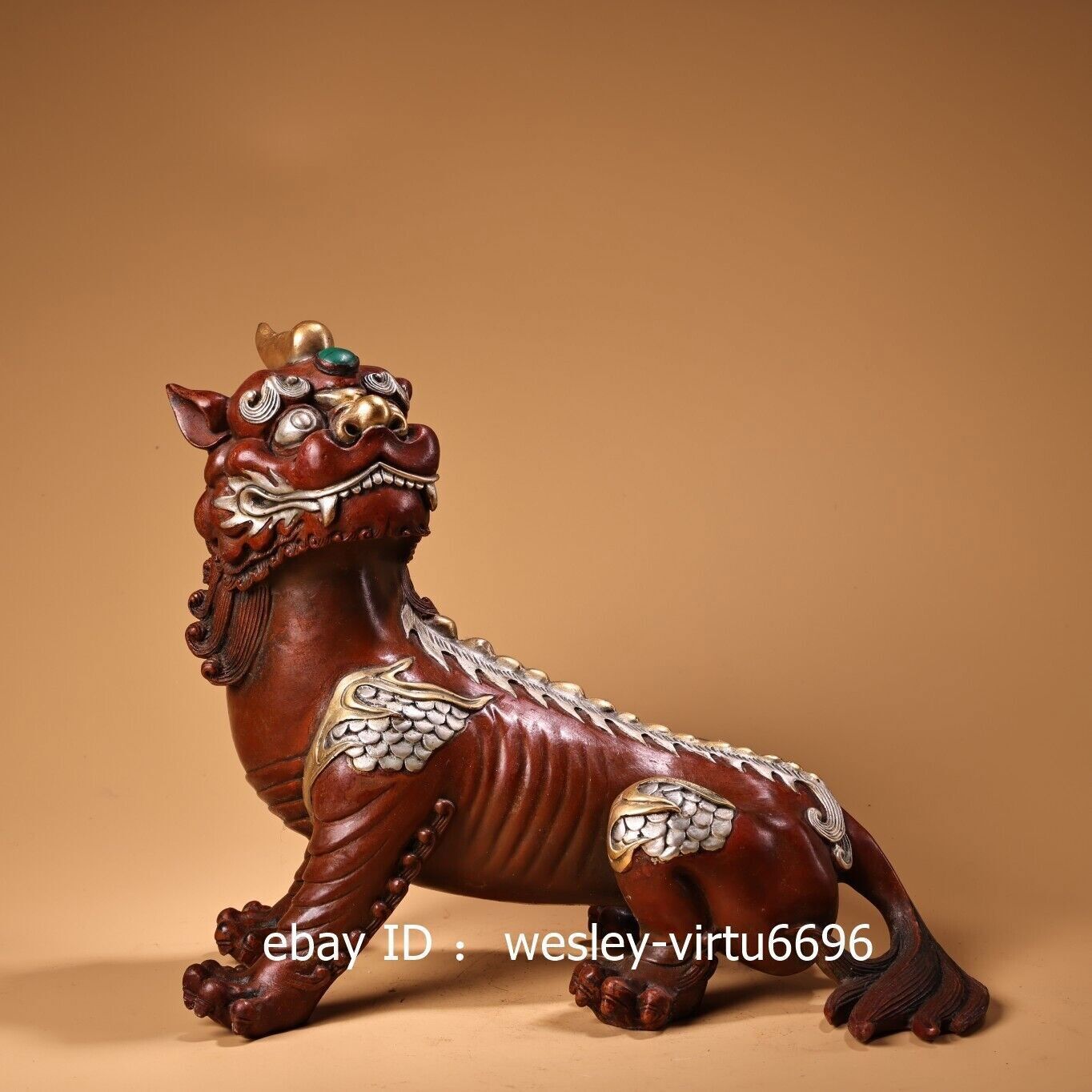 China Dynasty Palace Old Pure Copper Gilding Vermeil Foo Dog Lion Beast Statue