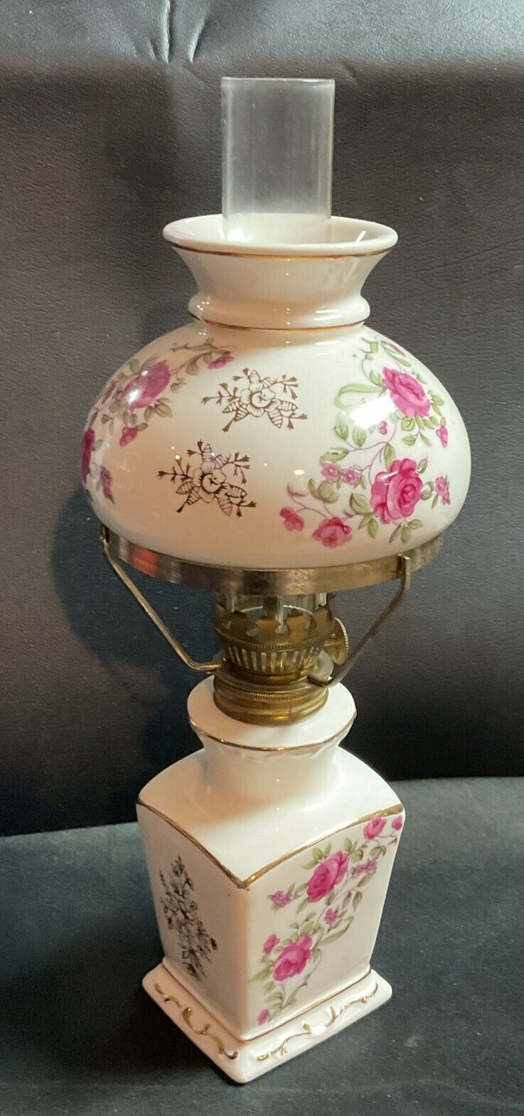 Vintage Miniature Hurricane Floral Pattern Lamp With Wick