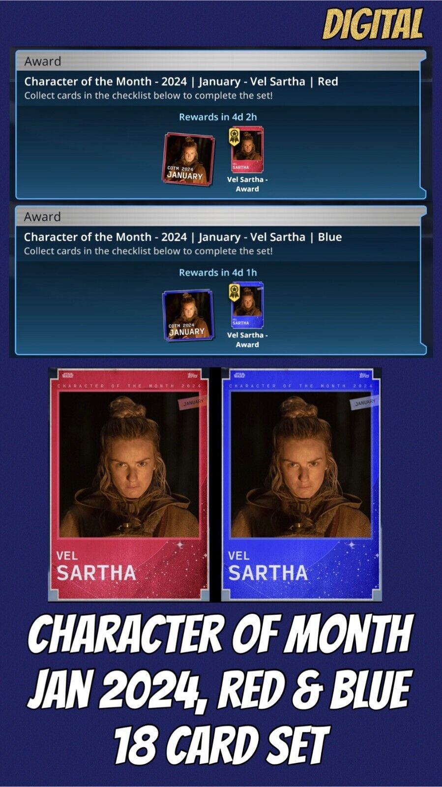 COTM Character of Month VEL SARTHA Red/Blue 18 Card Set Topps Star Wars Trader