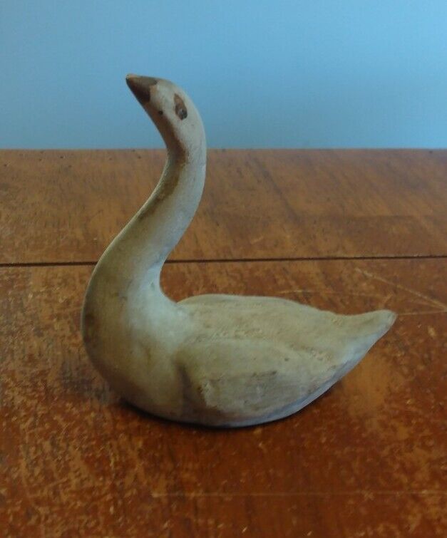 Vintage Primitive Clay Goose Swan Figurine Light Grey 3\
