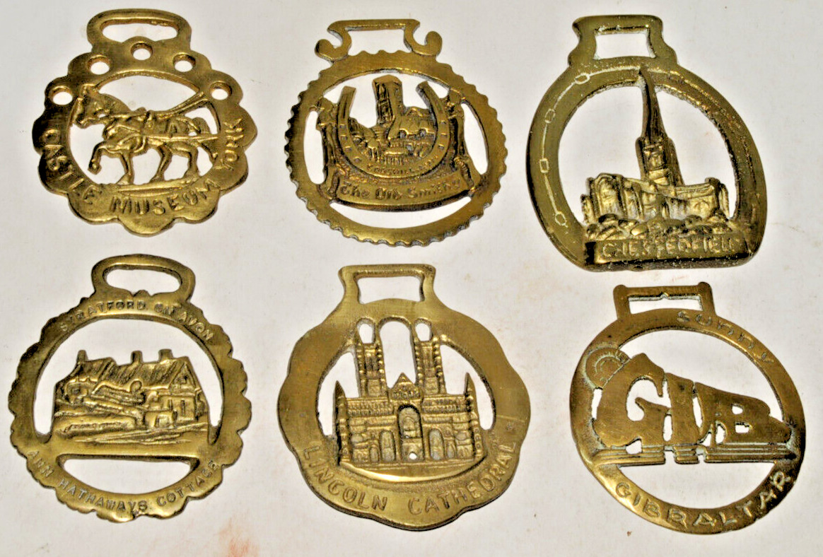 (6) Brass Horse Harness Medallions, Buildings & Places; 3x3.5 inch, unused #6-2