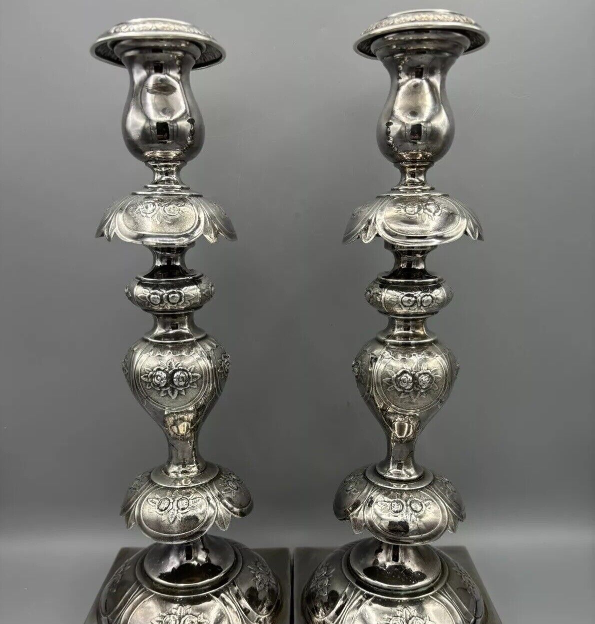 Antique Shabbat silver plated  Candlesticks by Norblin Warszawa Judaica 14”