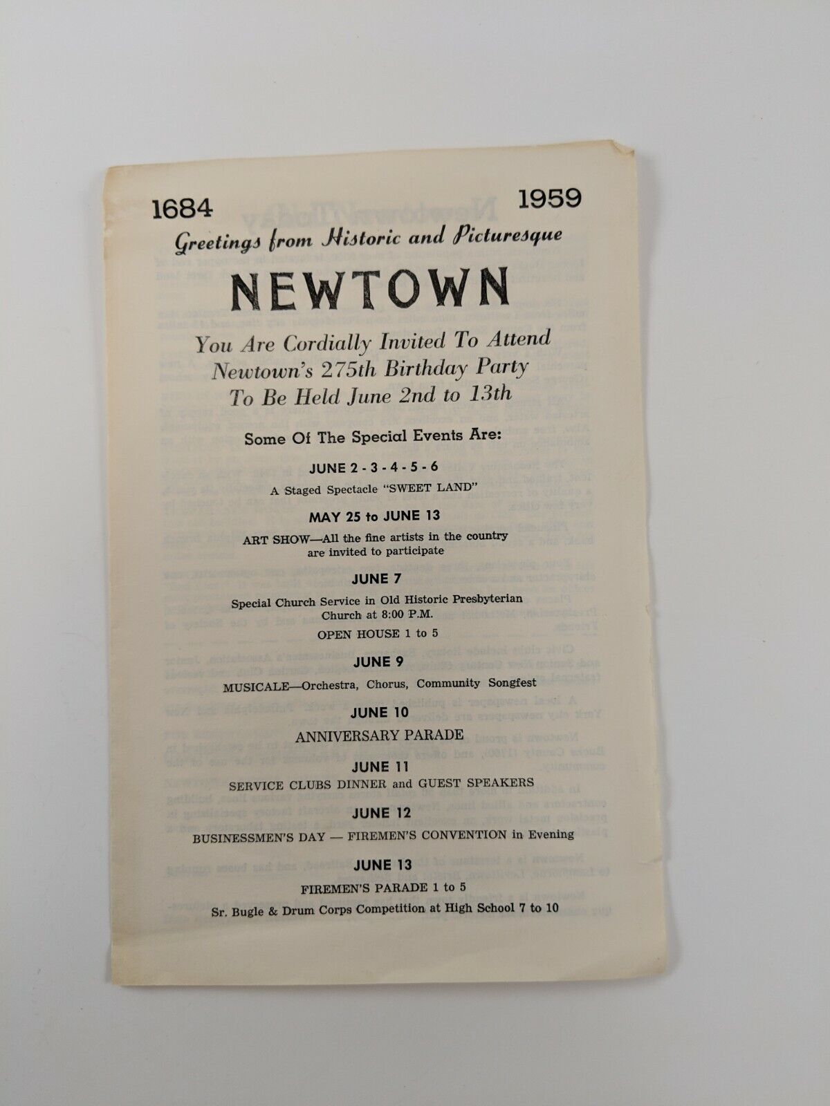 Vintage Advertising 1959 Newtown Pennsylvania 275th Birthday Events Flyer Ad 