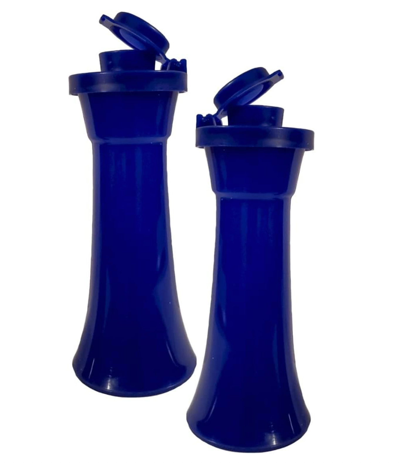 Tupperware Hourglass Salt and Pepper Shakers Small Set Navy Blue Semi Sheer New