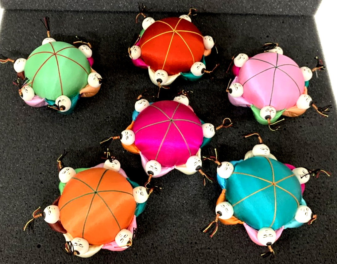 6 Vintage Chinese Round Pin Cushion 2” w/6 Children Holding Hands New