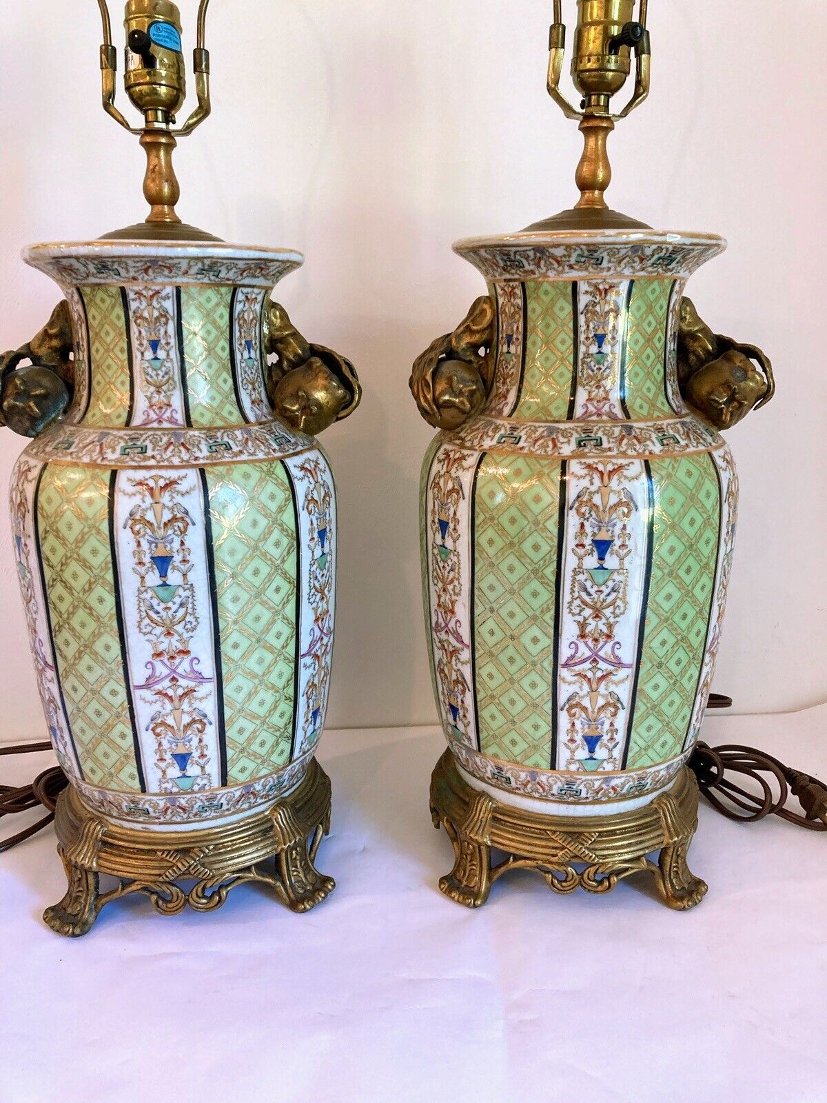 Pair Of Large Asian Porcelain Bronze Chinoiserie Vase Lamps United Wilson JUWC