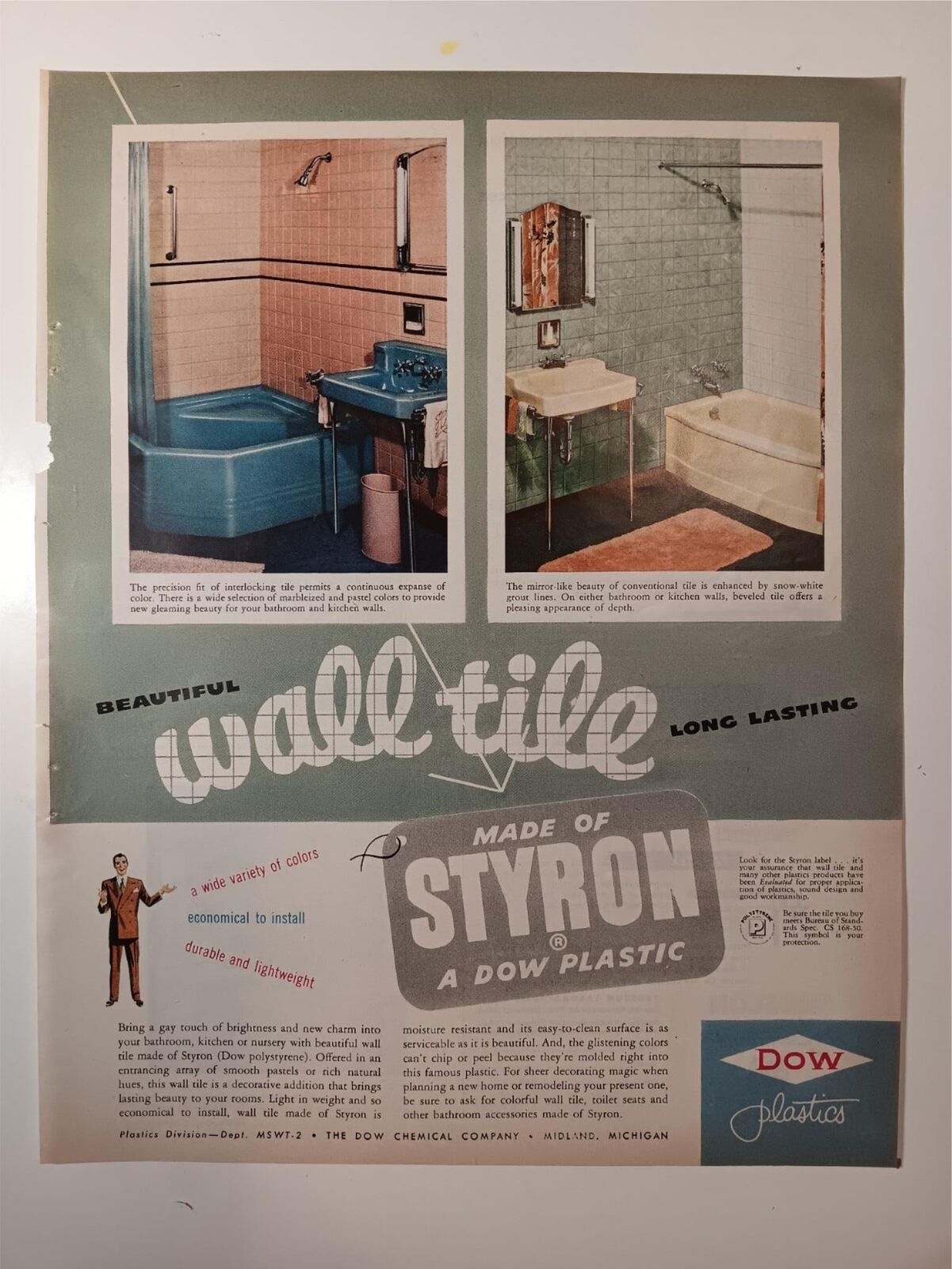 Vintage Dow Styron Plastic Wall Tile Ad APRIL 1951 BH&G Magazine