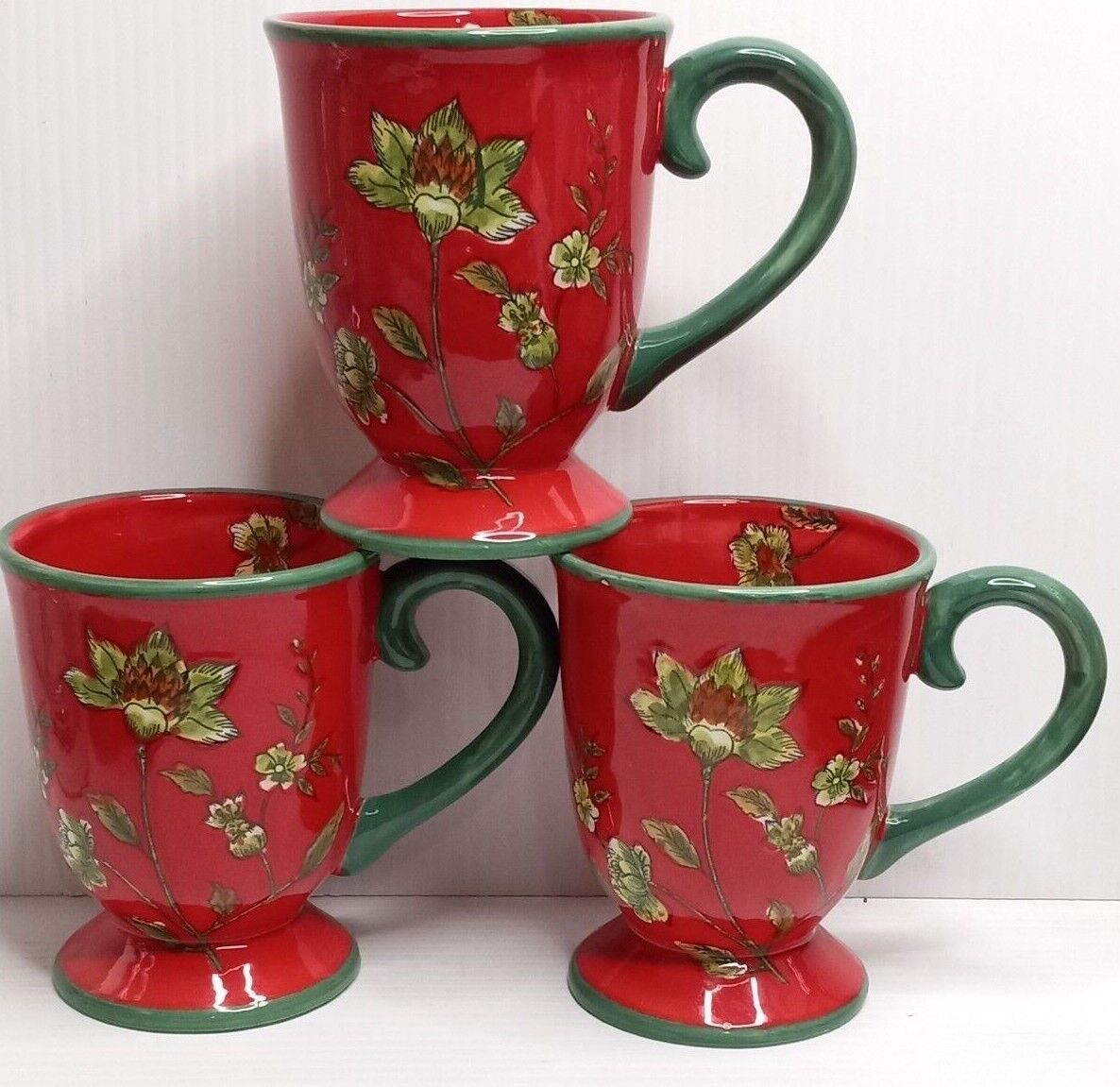 Floral Footed Coffee Cup/Mug 16oz. Red and Green Set of Three