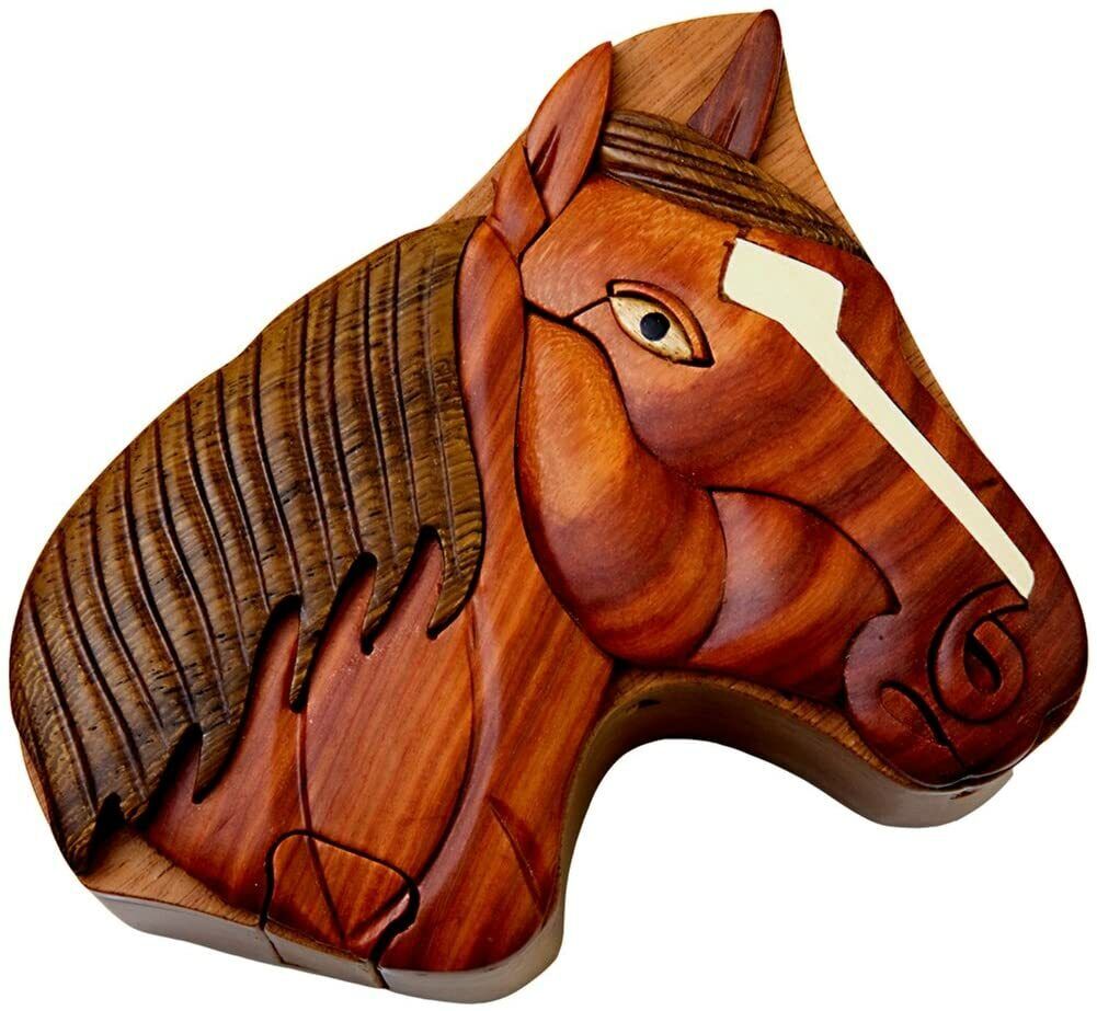 Horse Handcrafted Carved Intarsia Wood Puzzle Box Jewelry Trinket Box