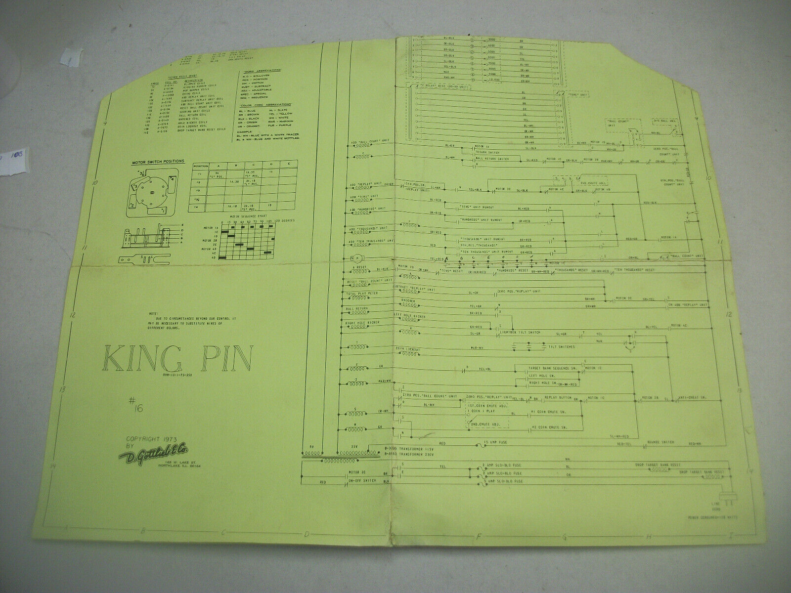 Gottlieb King Pin Pinball Schematics Original