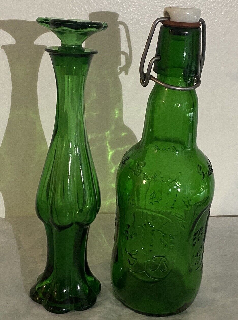 1 Avon Emerald Green Glass Bud Vase Perfume Bottle 1 Wire Ceramic Stopper Lot2