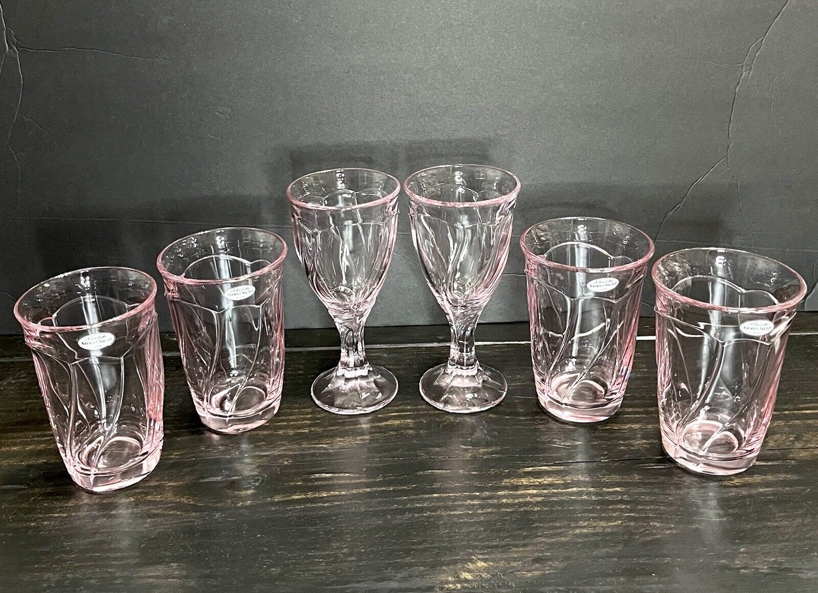 Set Of 6 Noritake Sweet Swirl Pink  2 Goblet & 4 Highball Tumber Drinking Glass