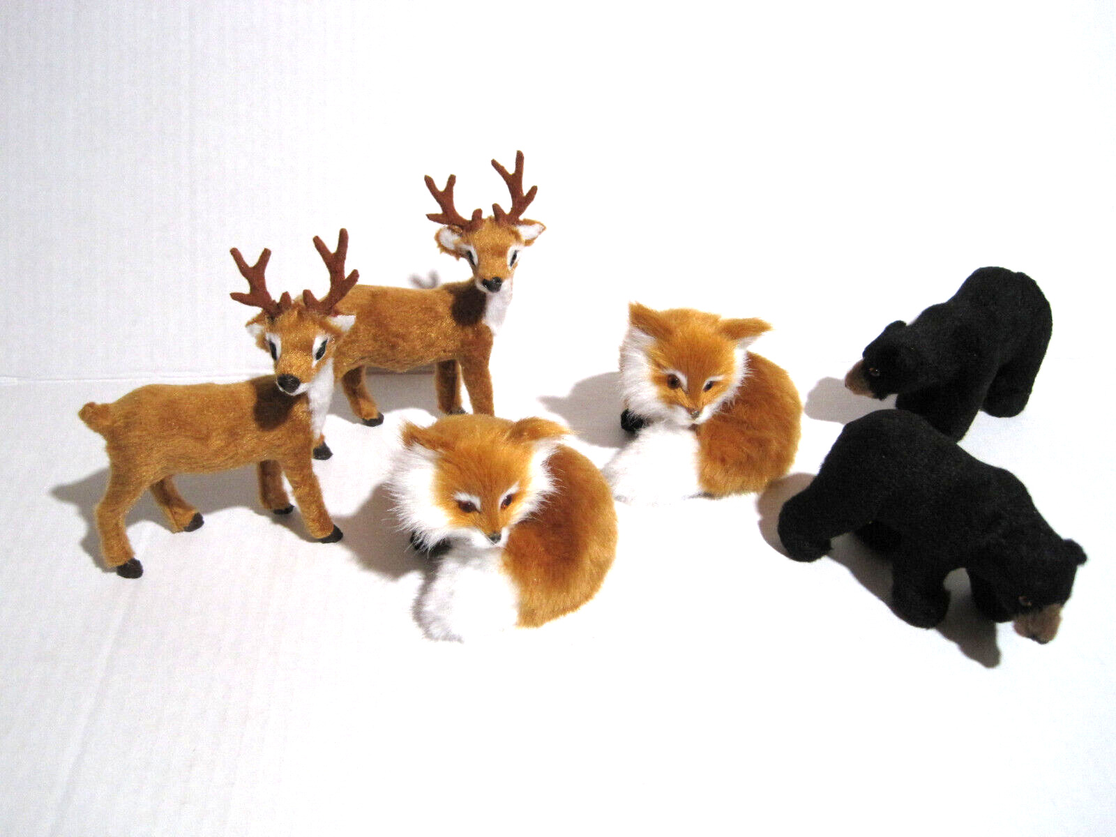 6 FAUX FUR Animals Realistic Mini Snow Village Forest Woodland Bear Deer Fox