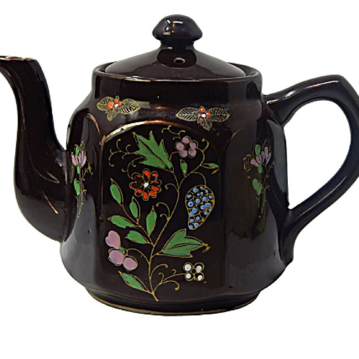 Large Japanese Teapot Terra Cotta Moriage Floral Design Brown Glaze Hexagon VTG