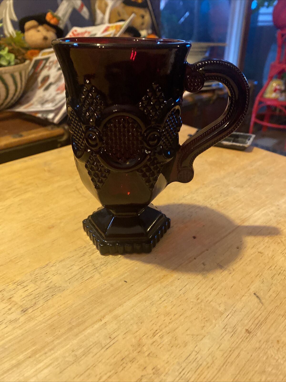 Avon Cape Cod Ornate Dark Ruby Red Glass Footed Coffee Mugs 5\