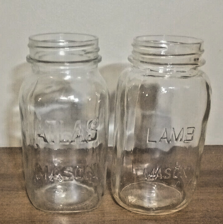 Vintage Lot of 2 Quart Mason Jars Atlas & Lamb Both with Embossed Lettering