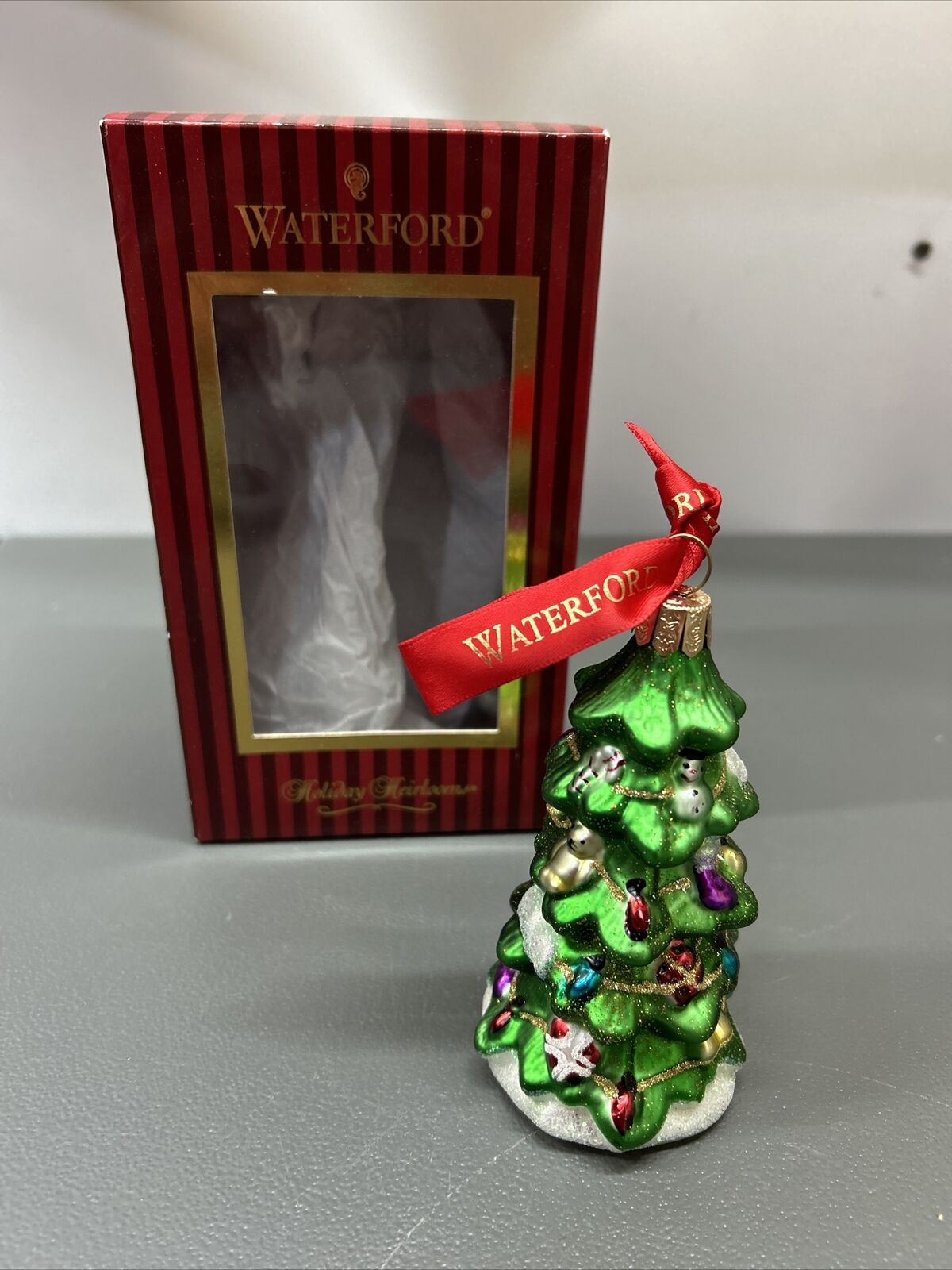WATERFOD CRYSTAL  Ornament TREE w/Red/Gold Ribbon 🎄SHIPS FREE🎄
