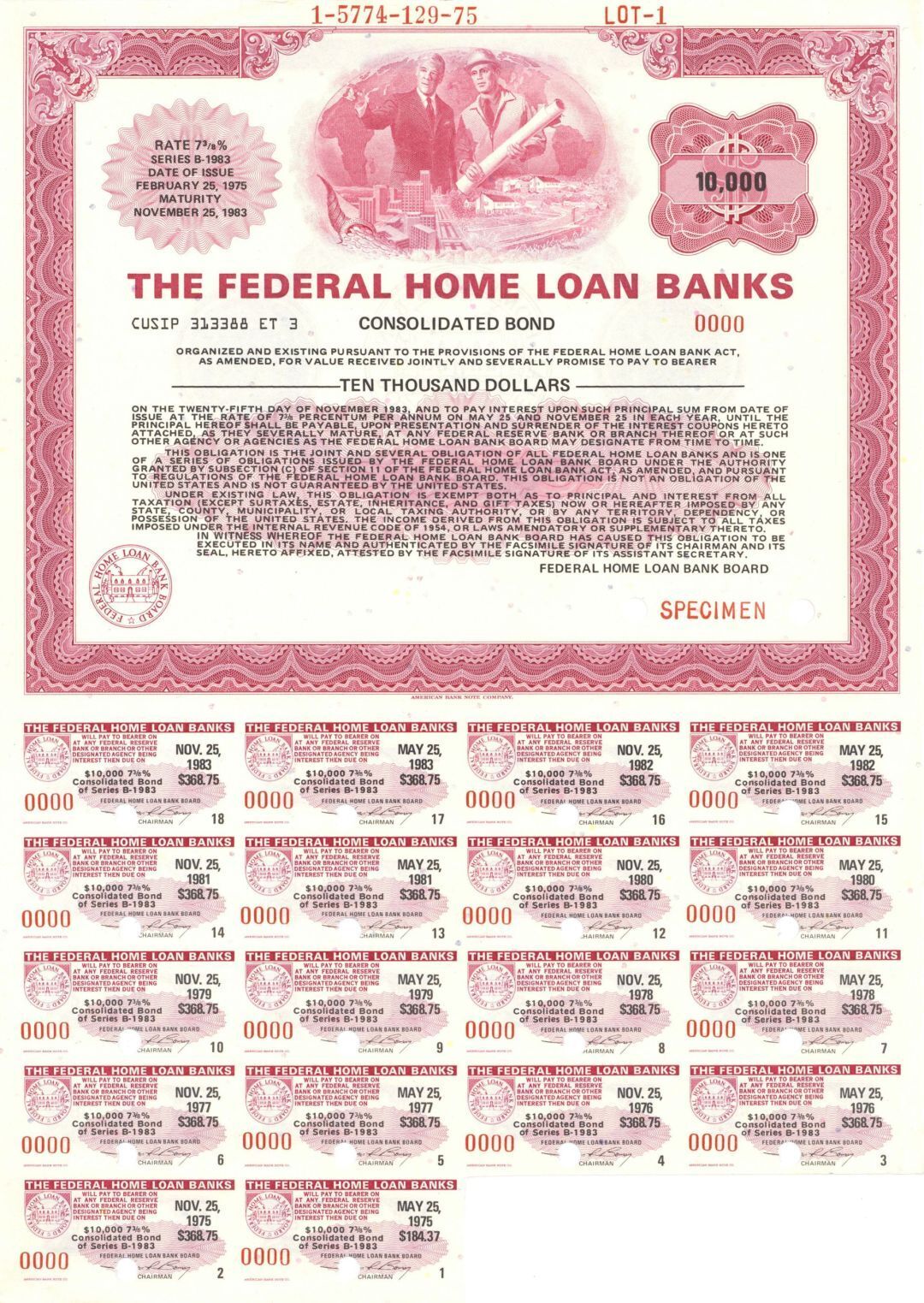 Federal Home Loan Banks - $10,000 Consolidated Specimen Bond - Made by the Ameri
