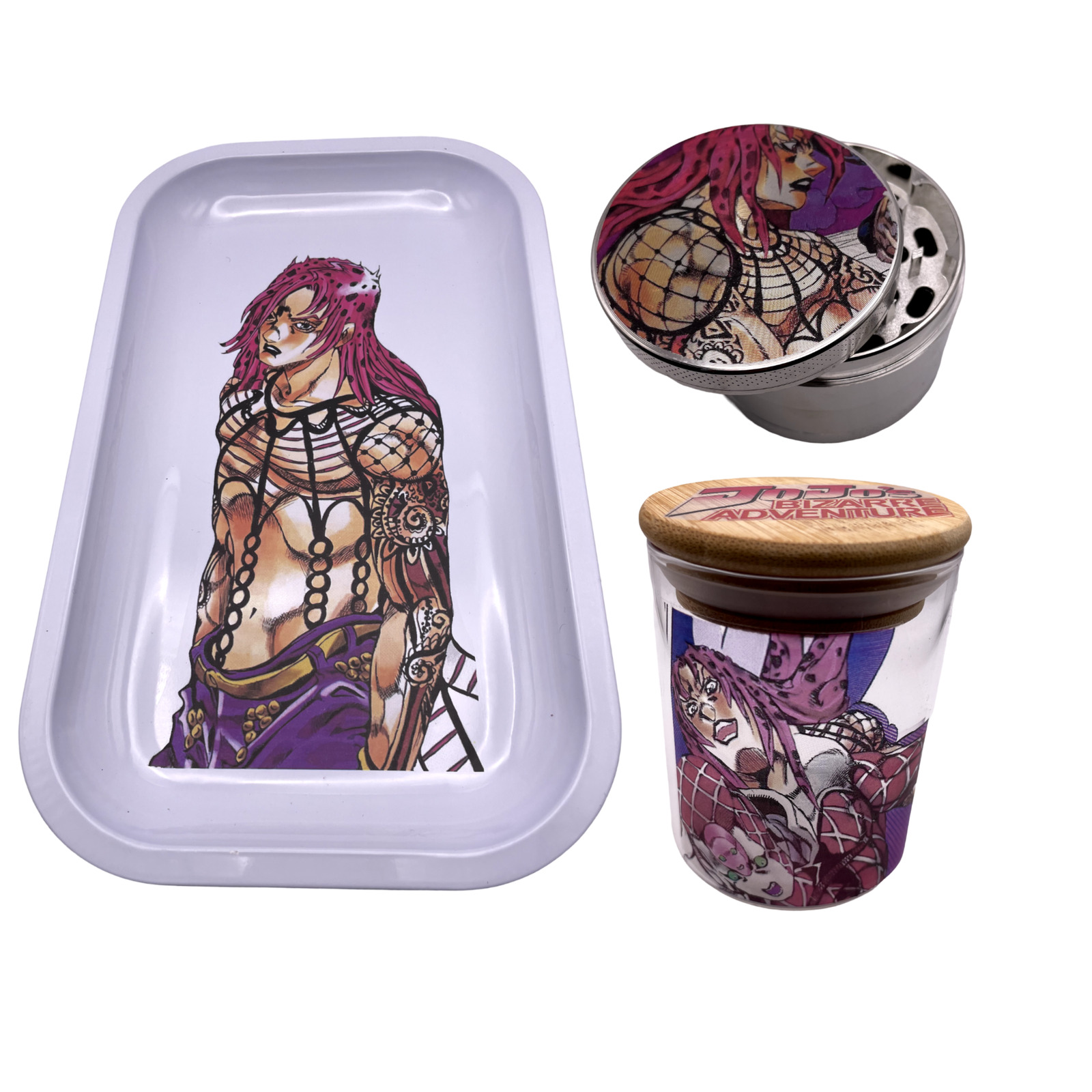 Jojos Adventure Anime Spice Grinder, Stash Jar, Rolling Tray Set (Designs 1)