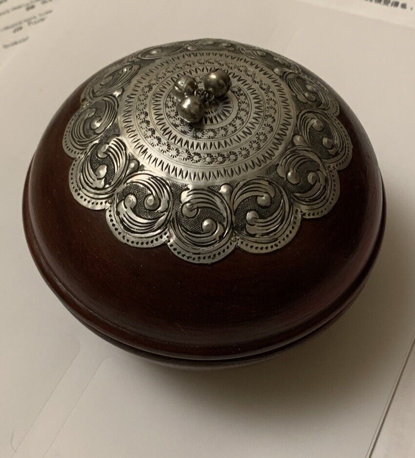 Vintage Round Wooden Trinket Box With Silver And Bells Embellishment Thailand