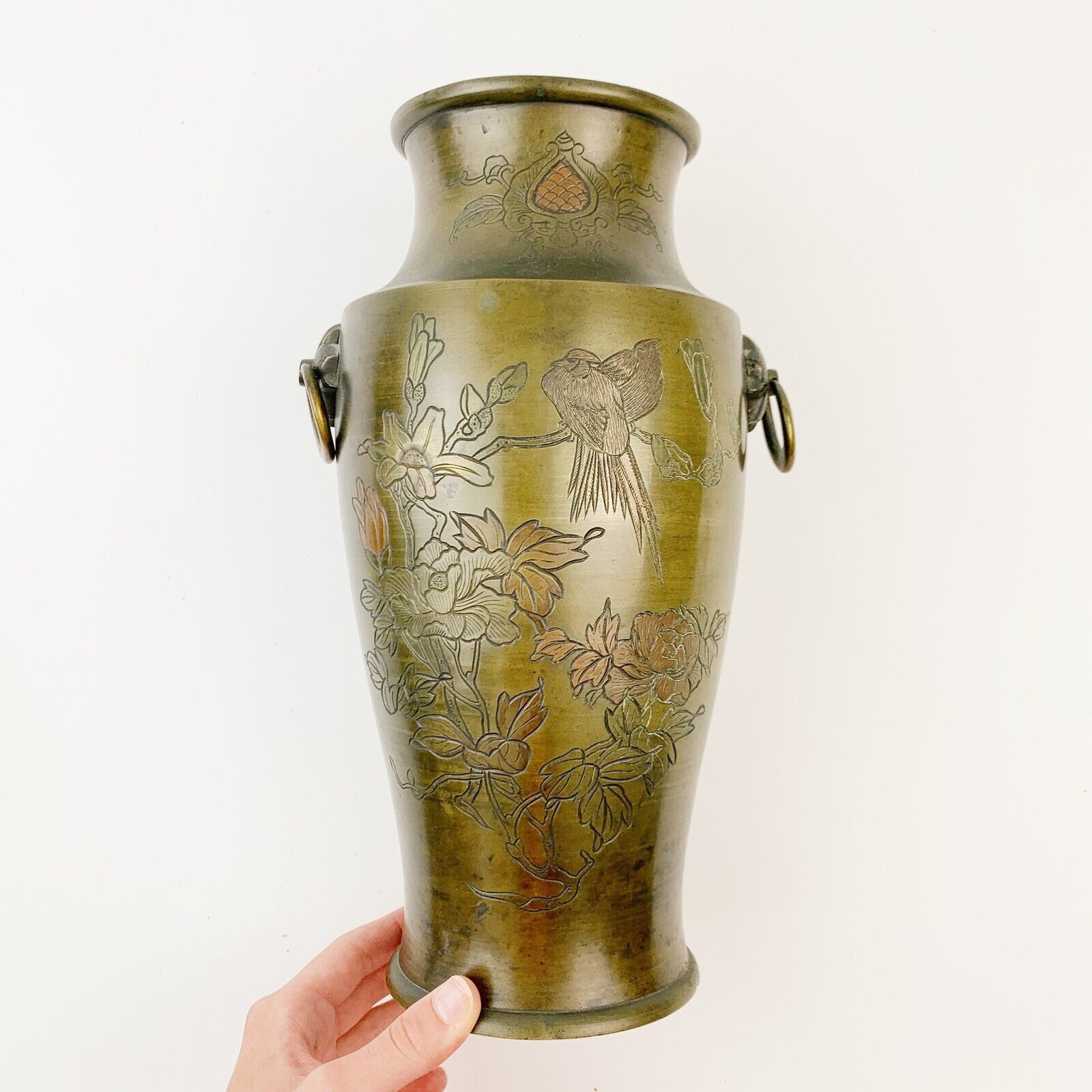 Vintage Japanese Bronze Mixed Metal Inlaid Etched Rooster Vase Handles 11.75\