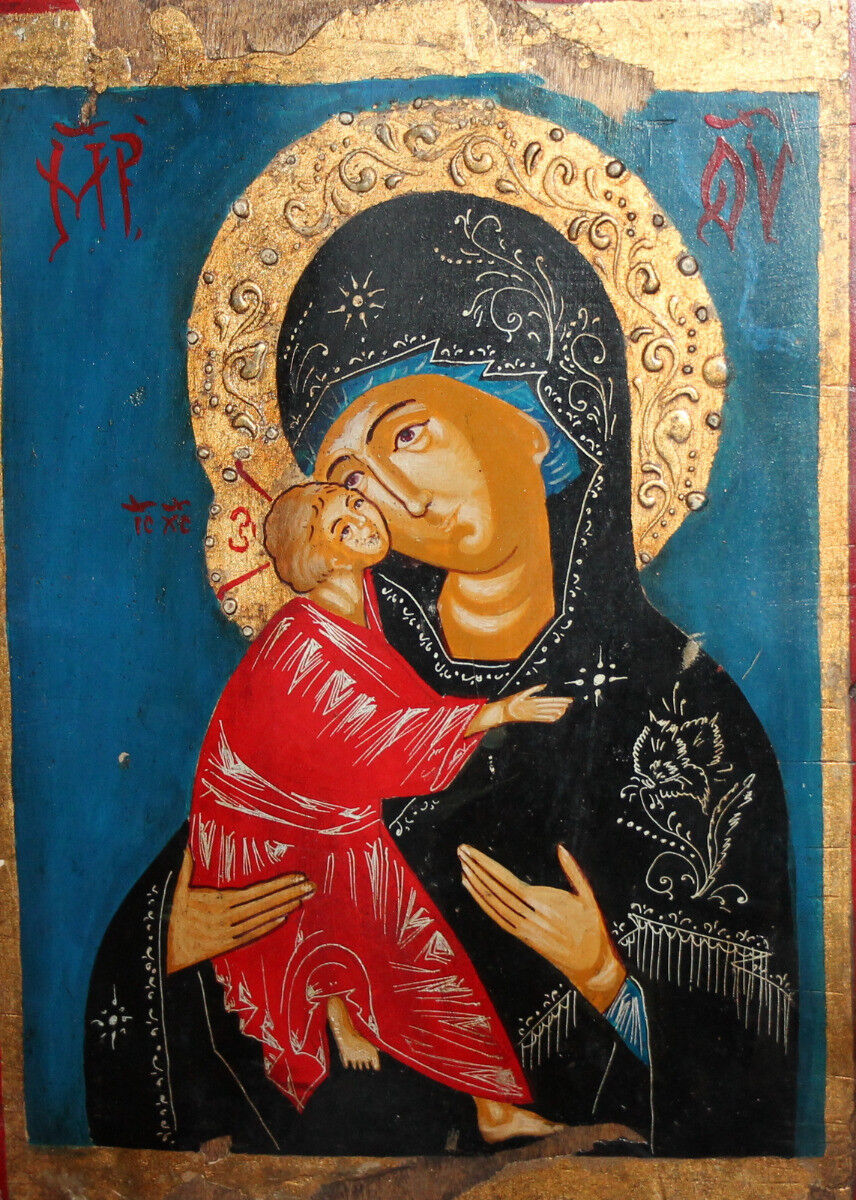 Vintage Handmade tempera Orthodox Icon Virgin Mary And Christ Child