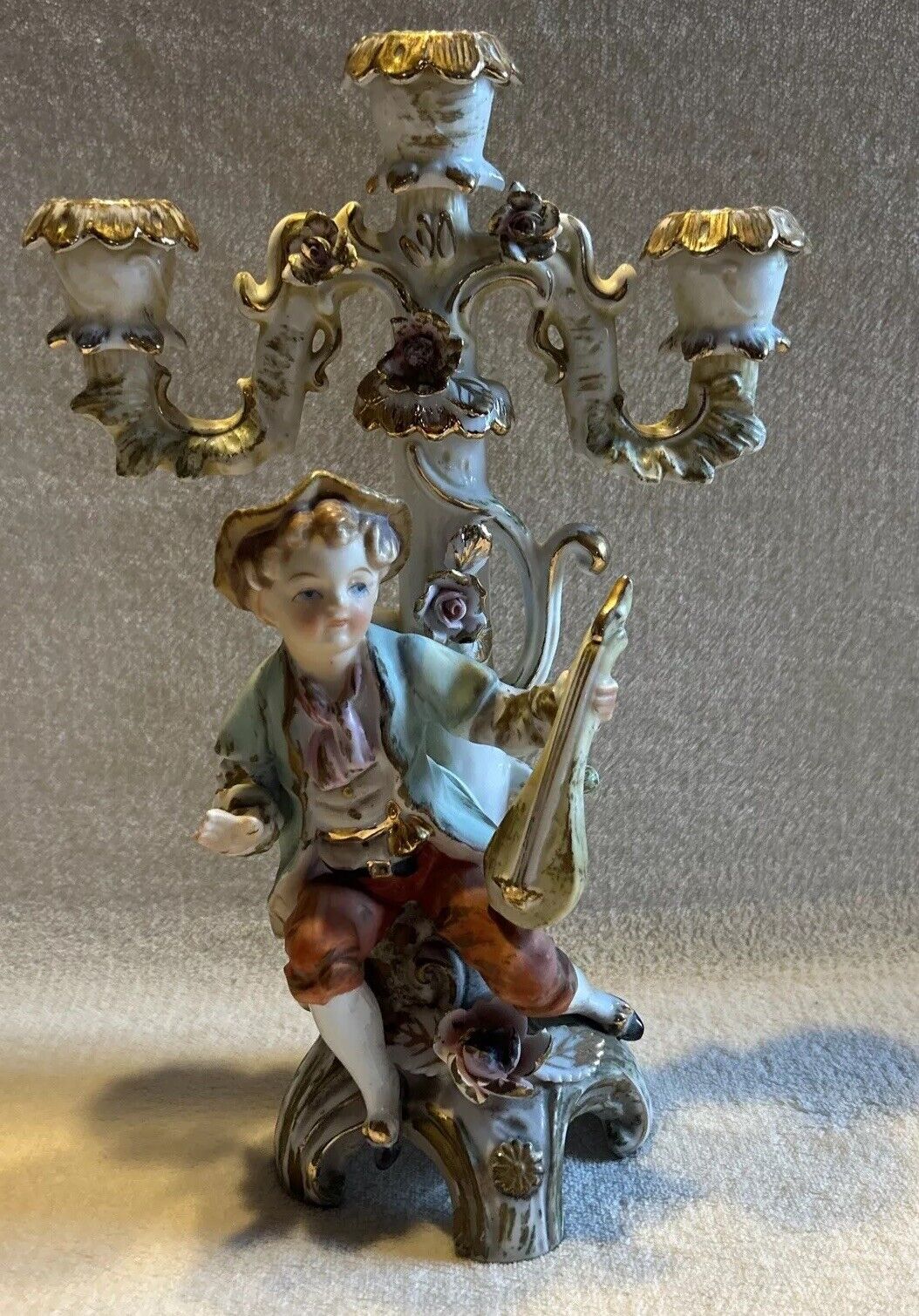 Vintage 1930’s Camille Naudot French Boy With Instrument. 3 Candle Holder.