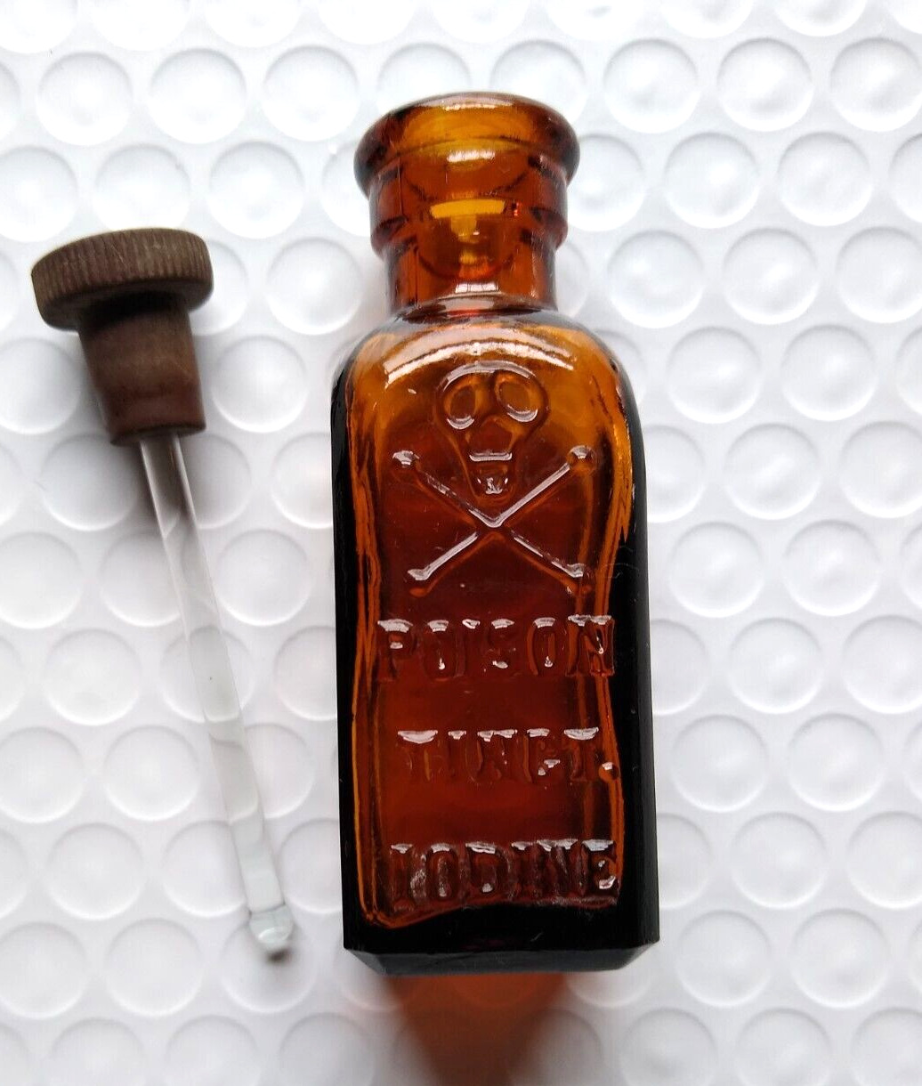 Amber Antique Poison Medicine Bottle + Dauber Skull Crossbones TINCT Iodine B1