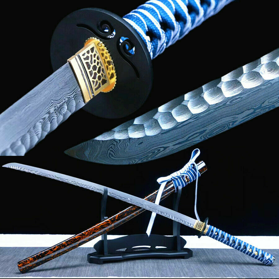 Folded Damascus Steel Sharp Japanese Samurai Sword Katana Full Tang Battle