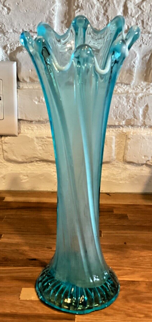 MCM twisted blue  swung vase with  white opalescent