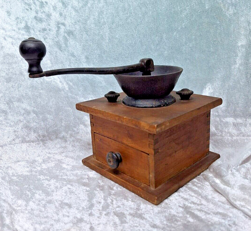 Vtg Parker Coffee Grinder Mill Dovetailed Wood W/ Drawer Cast Iron 8\