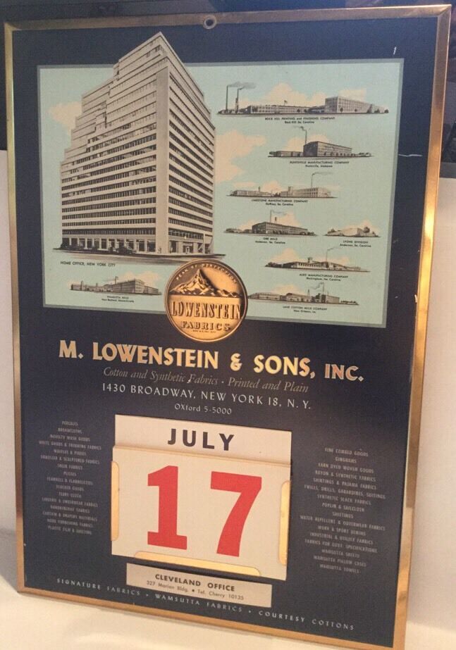 VINTAGE 40-50's LOWENSTEIN & SONS COTTON & FABRIC ADVERTISING WALL CALENDAR