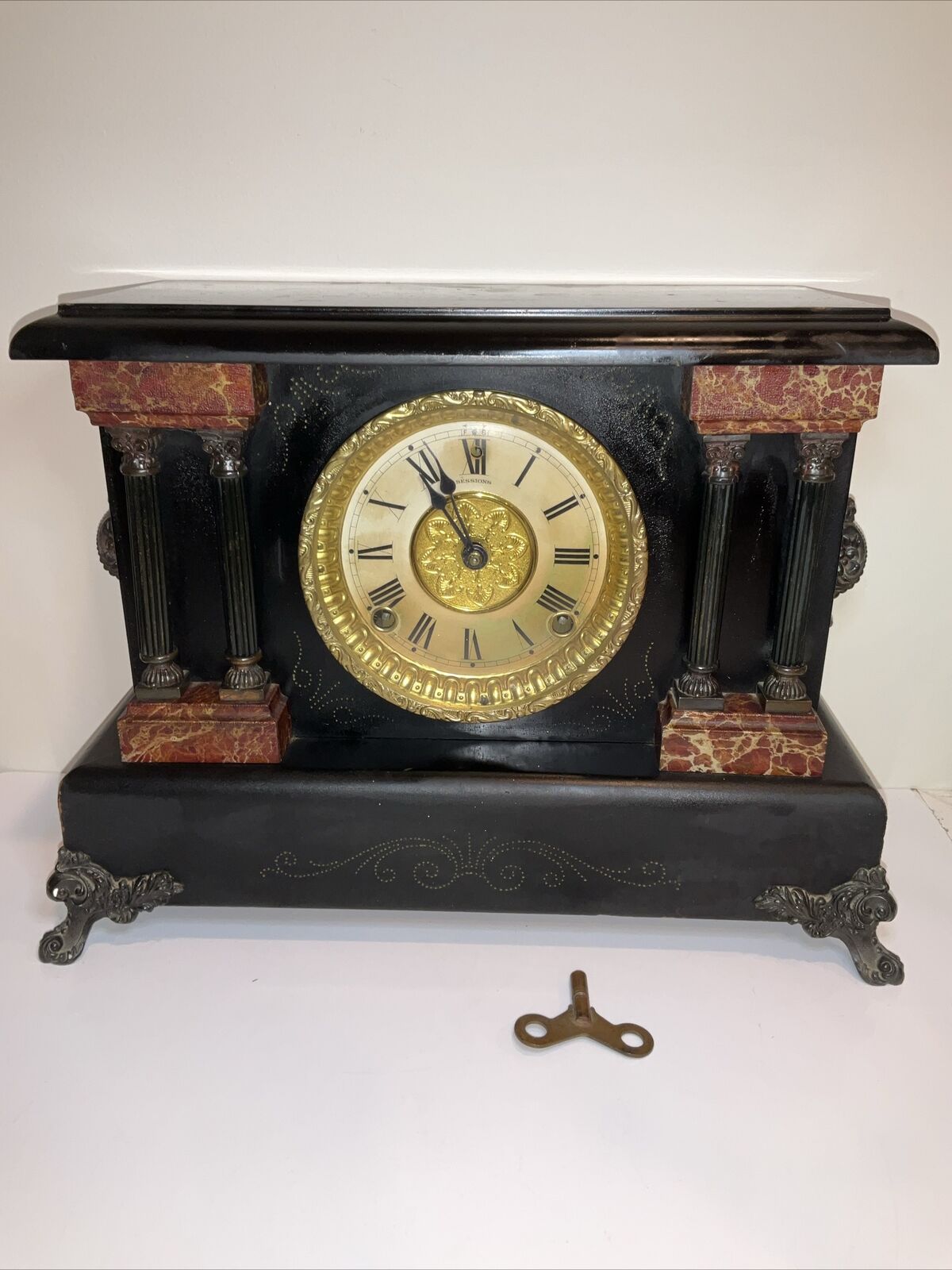 Antique 1904 Sessions Skeleton 4 Pillar Mantle Clock Working Great 15”x11”x6”