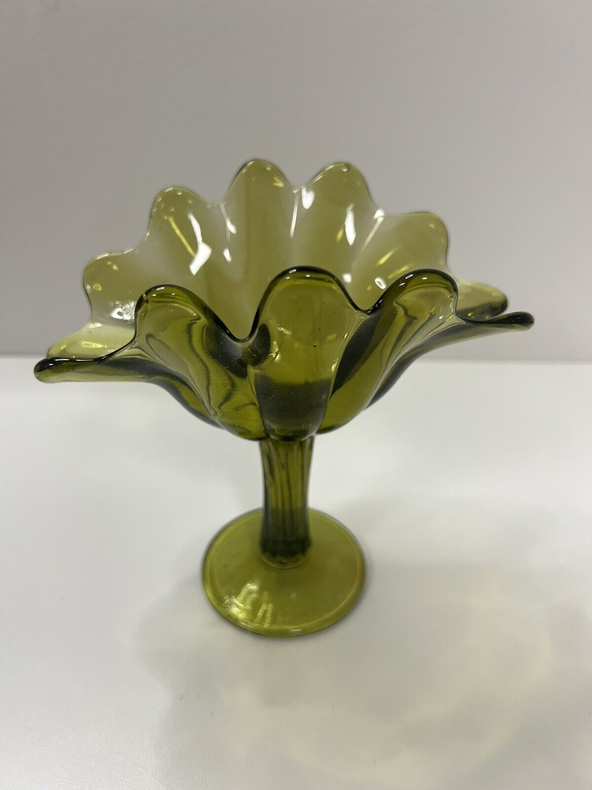 Art Glass Pedestal Footed Candle Holder 12 Petal Forest Avocado Green 6 1/2\