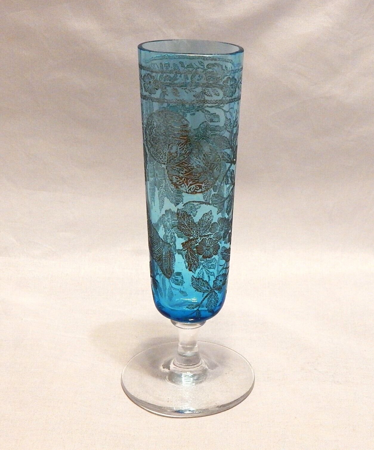 Vintage Blue Bud Vase Etched Glass with Footed Bottom 