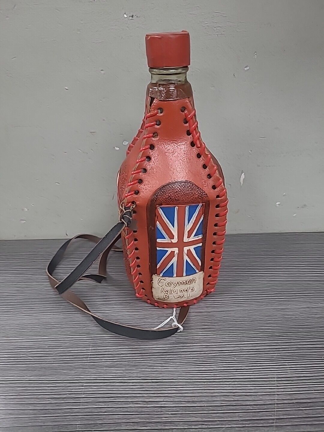 Vintage Caymen Island Leather Wrapped Bottle Union Jack Parrot Red