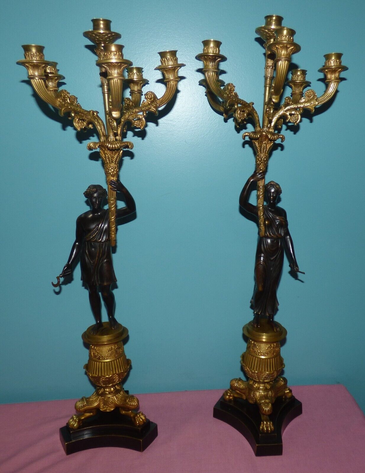 Pair of French Empire Gilt & Painted Bronze 6 Arm Candelabras Figural Bacchantes