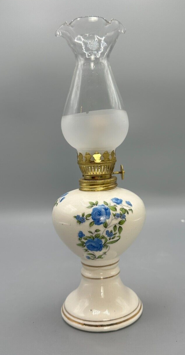 Vintage Miniature Ceramic Oil Lamp Lantern White with Blue Flowers and Chimney