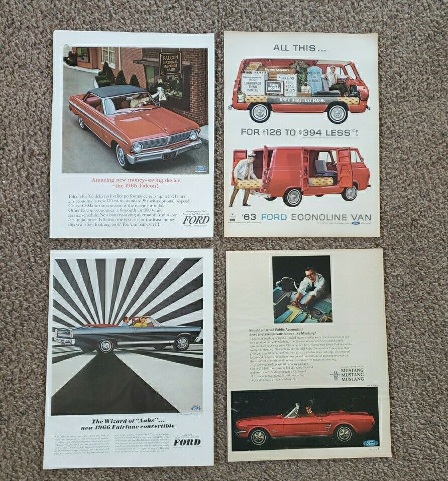 Lot Of 4 Vintage 60's Car Ad Ford Mustang, Fairlane,  Falcon, Econoline Van