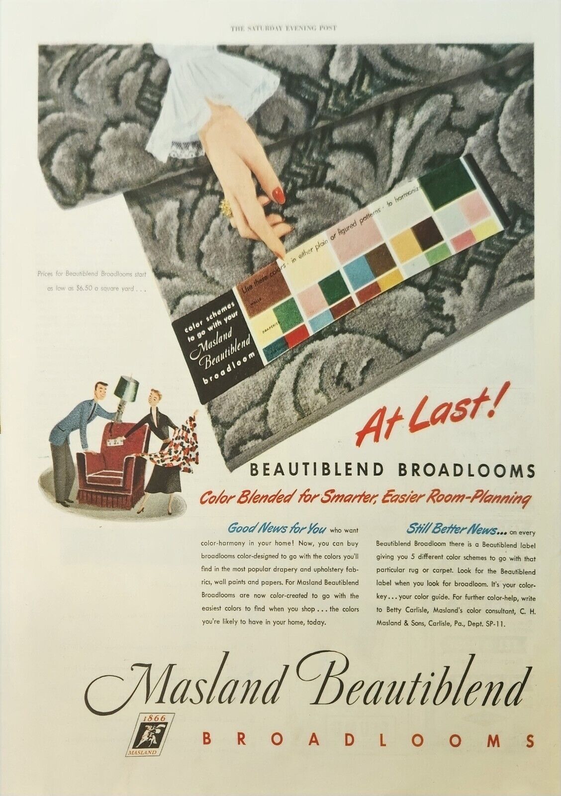 1949 Masland beautiblend broadlooms carpet Vintage Ad At last