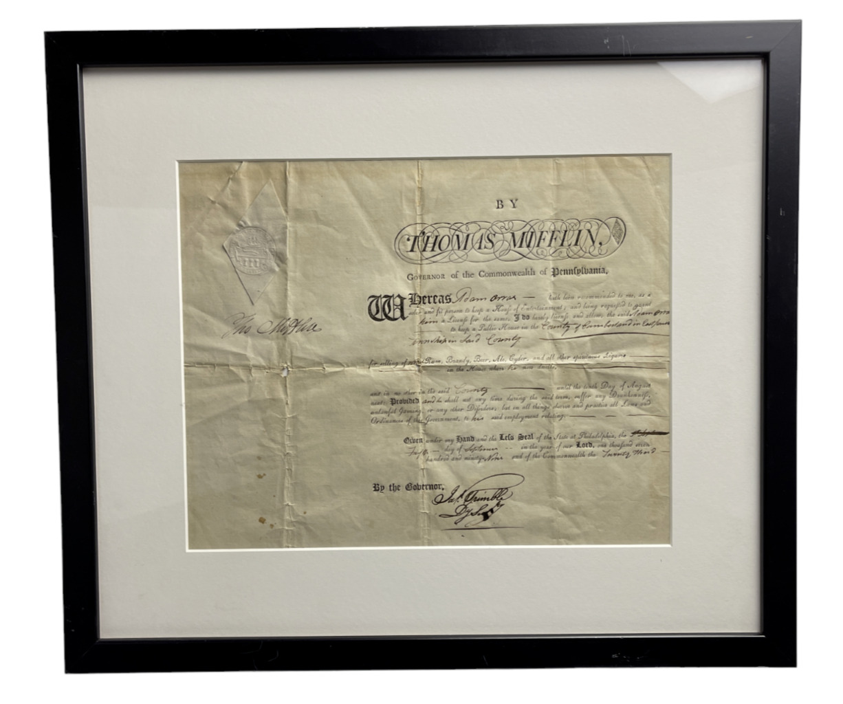 1799 Thomas Mifflin Pennsylvania House of Entertainment Liquor license RARE