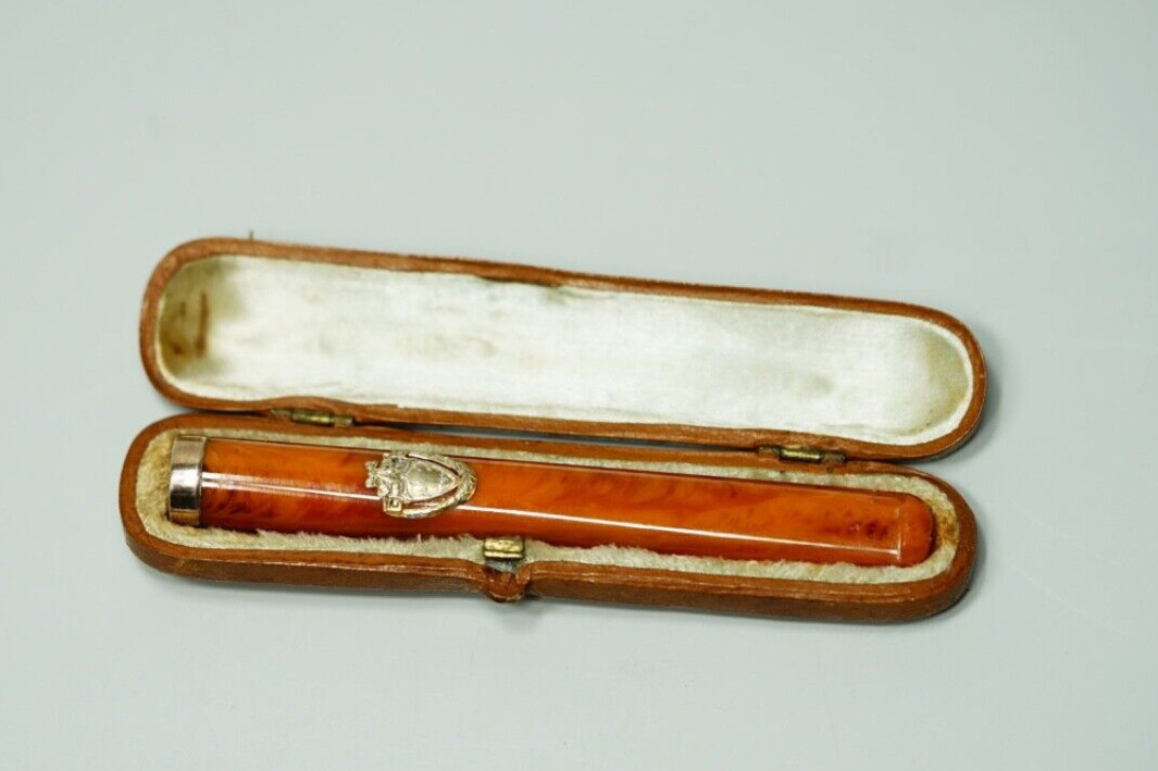 19c.Antique Austrian Gilt Silver Egg Yolk Amber Cigarette Cigar Holder & Case