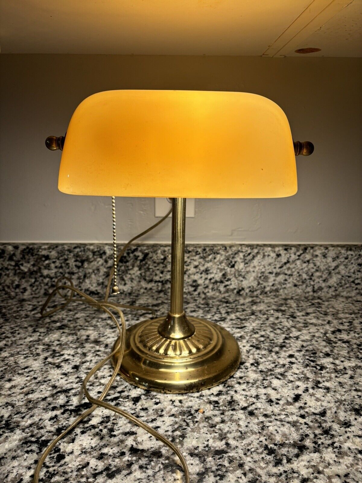 Vintage Orange Yellow Amber Glass Shade Bankers Lamp Brass