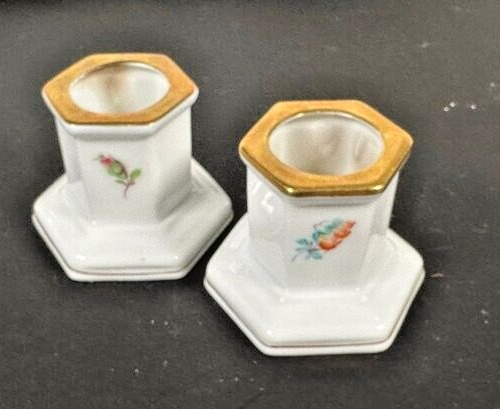 Herend China Candle Holders #7912 Hand Painted Accents 24K Gold Trim Rare