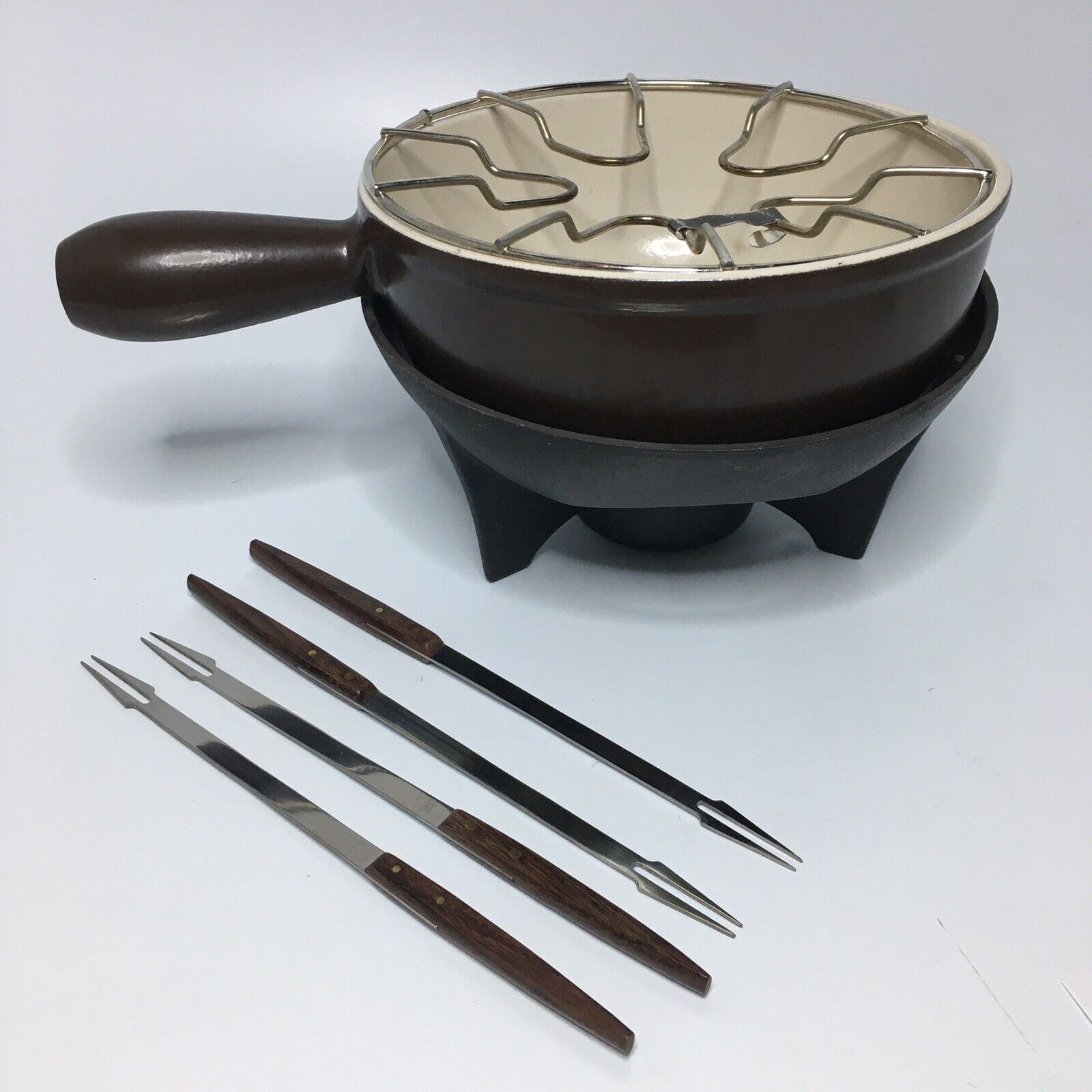 Vintage Le Creuset Fondue Pot Burner 4 Forks Brown Cast Iron Enamel 3.5 Qt Fondu