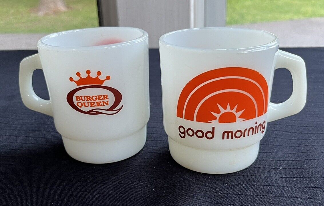 Vtg Burger Queen Anchor Hocking Fire King White Mug Good Morning Made in USA