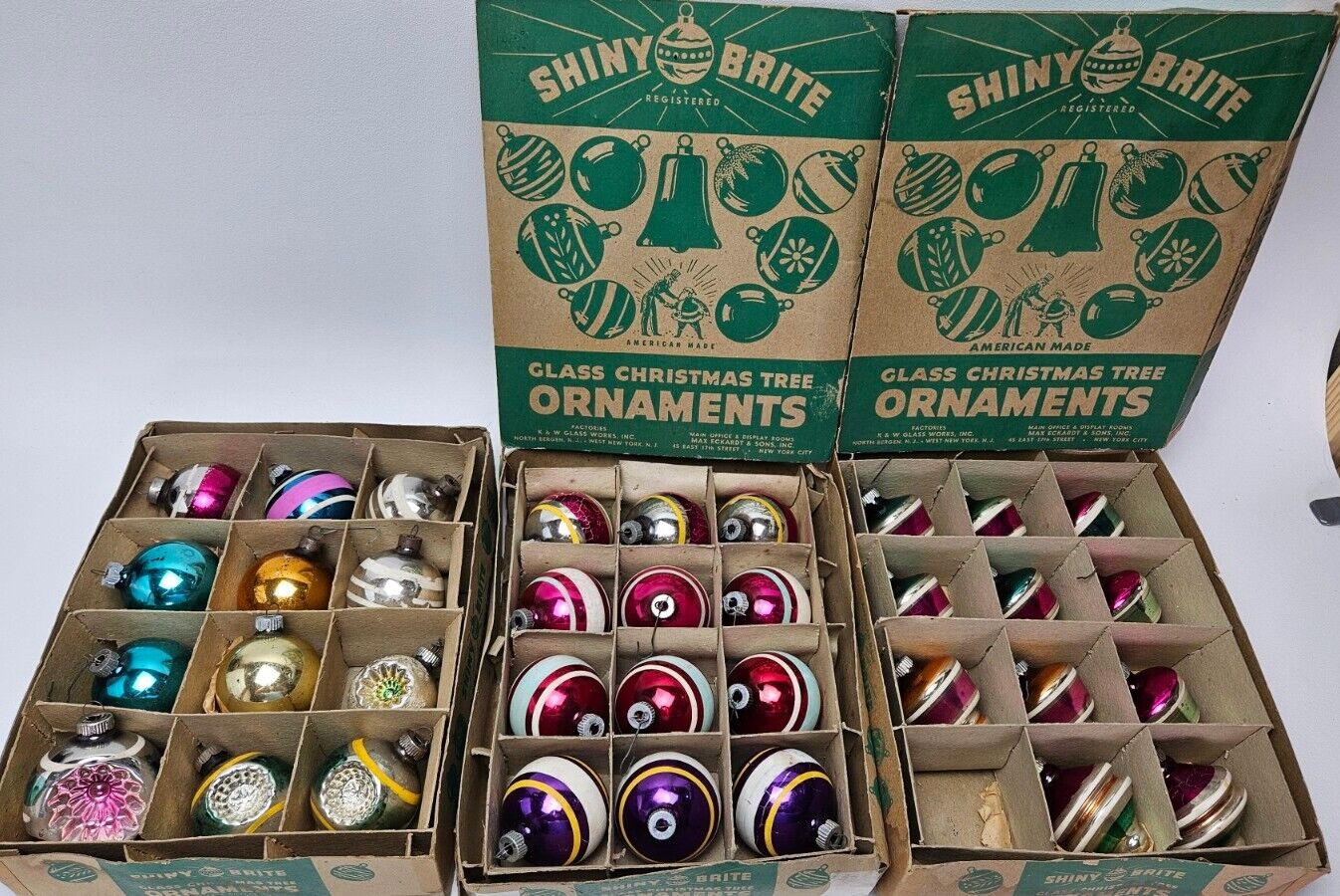 Vintage Shiny Brite Lot of 35 Glass Ornaments Carriage Lamp UFO Indent  Striped
