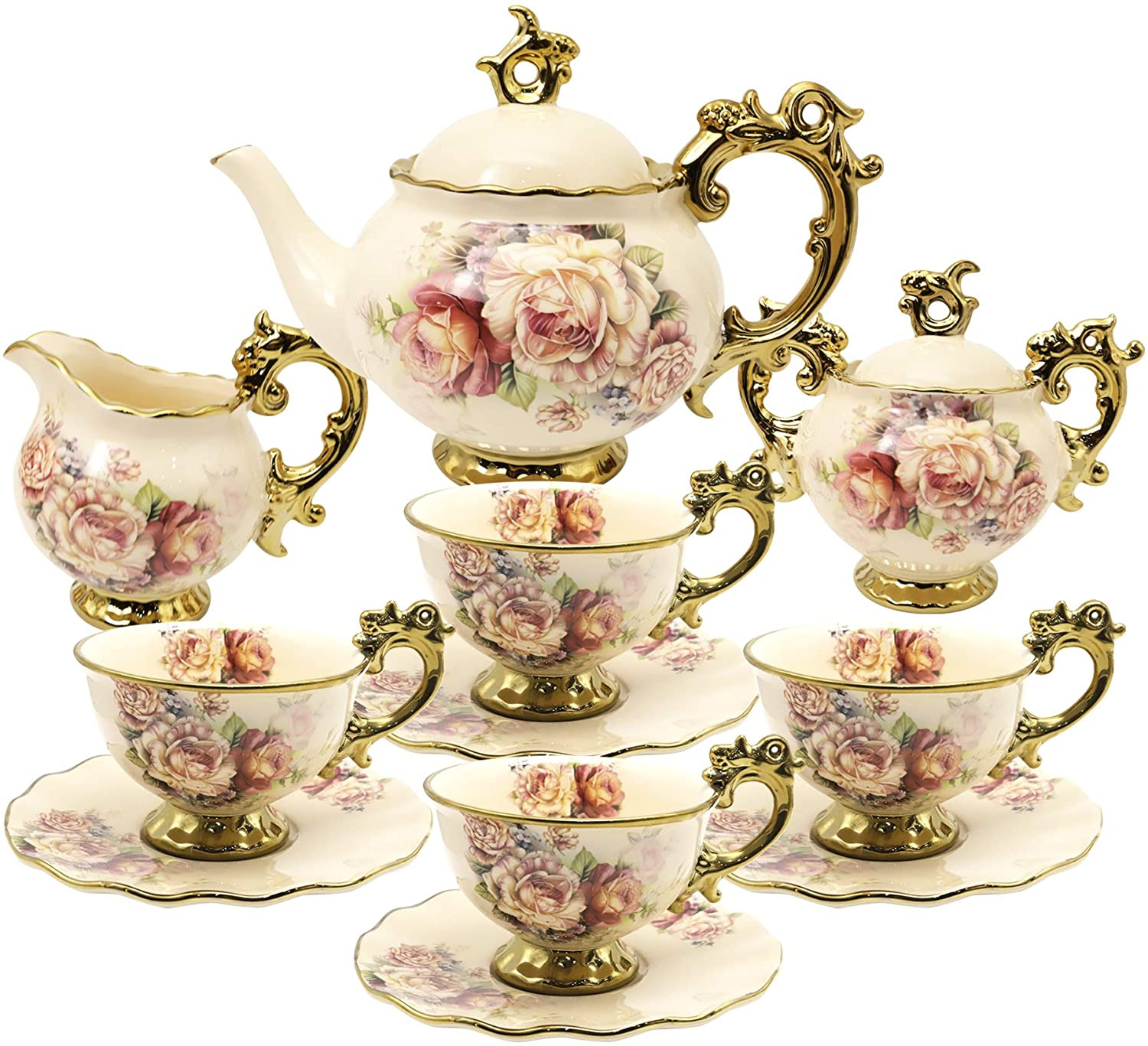 fanquare 15 Pieces British Porcelain Tea Set, Floral Vintage China Coffee Set, W