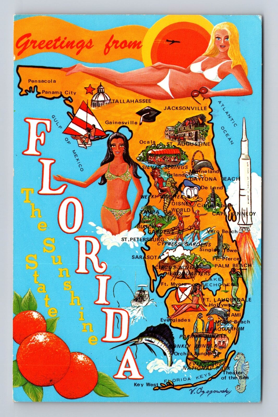 FL-Florida, Scenic General Landmark Map Greetings, Vintage c1978 Postcard