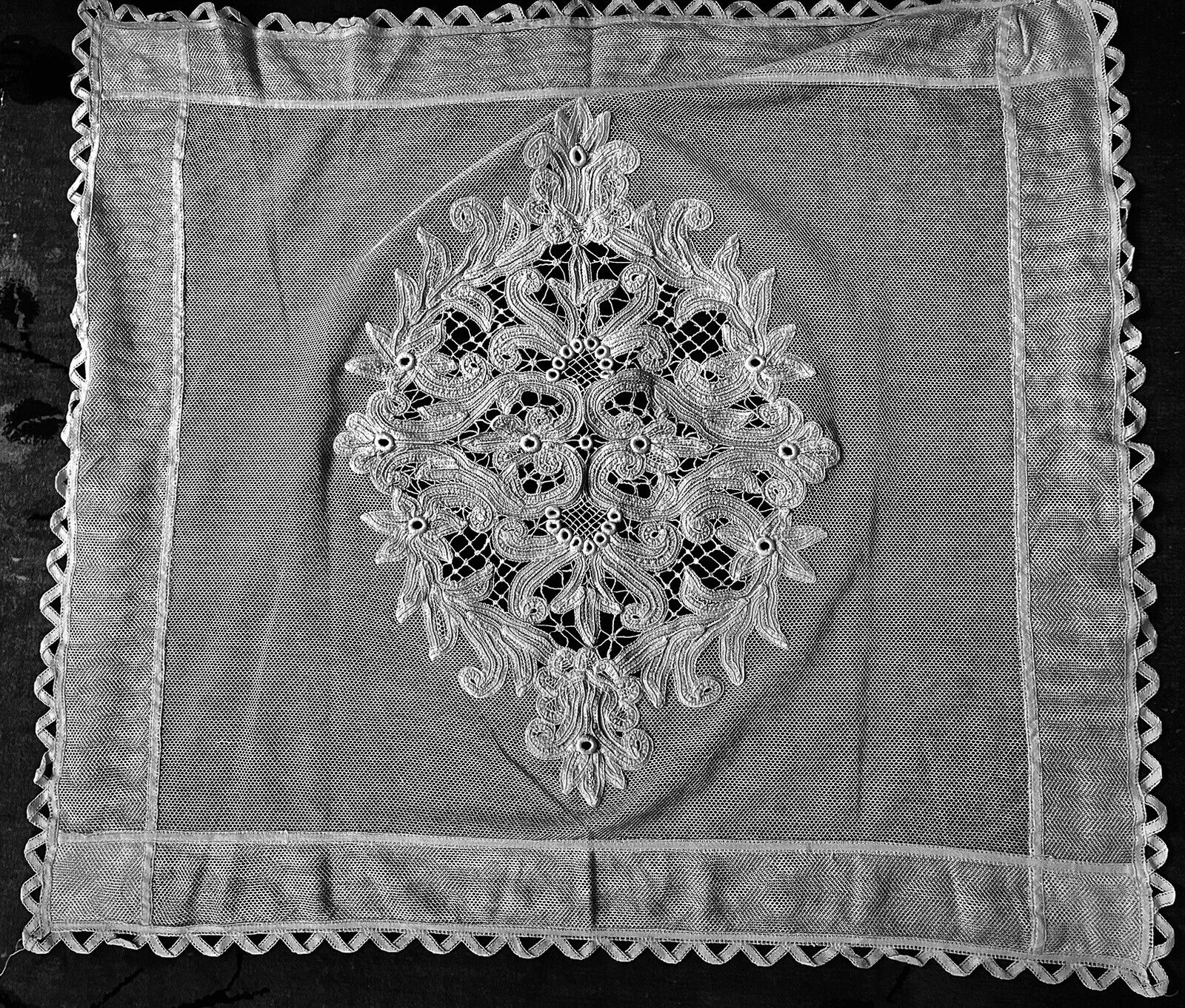 Vintage  SquareTablecloth Inserted Victorian Style Floral Embroidery 33\